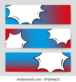 Abstract creative concept vector comic pop art style blank, layout template with clouds beams and isolated dots background. For sale banner, empty speech bubble set, illustration halftone book design
