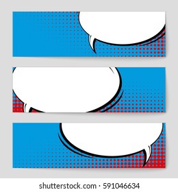 Abstract creative concept vector comic pop art style blank, layout template with clouds beams and isolated dots background. For sale banner, empty speech bubble set, illustration halftone book design