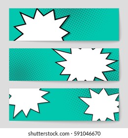 Abstract creative concept vector comic pop art style blank, layout template with clouds beams and isolated dots background. For sale banner, empty speech bubble set, illustration halftone book design