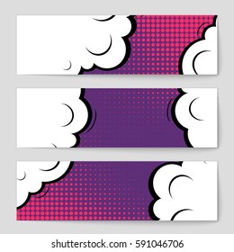 Abstract creative concept vector comic pop art style blank, layout template with clouds beams and isolated dots background. For sale banner, empty speech bubble set, illustration halftone book design