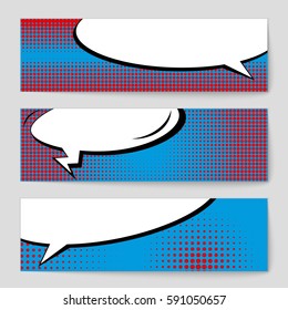 Abstract creative concept vector comic pop art style blank, layout template with clouds beams and isolated dots background. For sale banner, empty speech bubble set, illustration halftone book design