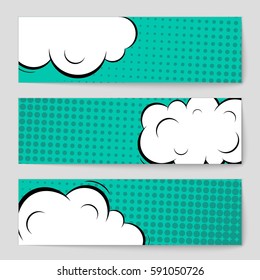 Abstract creative concept vector comic pop art style blank, layout template with clouds beams and isolated dots background. For sale banner, empty speech bubble set, illustration halftone book design