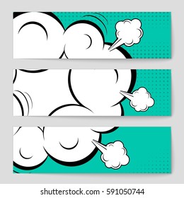 Abstract creative concept vector comic pop art style blank, layout template with clouds beams and isolated dots background. For sale banner, empty speech bubble set, illustration halftone book design