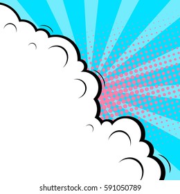 Abstract creative concept vector comic pop art style blank, layout template with clouds beams and isolated dots background. For sale banner, empty speech bubble set, illustration halftone book design