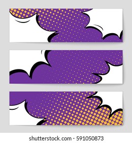 Abstract creative concept vector comic pop art style blank, layout template with clouds beams and isolated dots background. For sale banner, empty speech bubble set, illustration halftone book design
