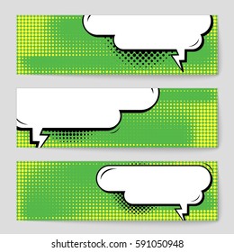 Abstract creative concept vector comic pop art style blank, layout template with clouds beams and isolated dots background. For sale banner, empty speech bubble set, illustration halftone book design