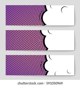 Abstract creative concept vector comic pop art style blank, layout template with clouds beams and isolated dots background. For sale banner, empty speech bubble set, illustration halftone book design