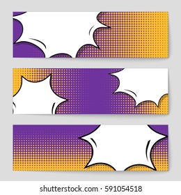 Abstract creative concept vector comic pop art style blank, layout template with clouds beams and isolated dots background. For sale banner, empty speech bubble set, illustration halftone book design