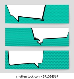 Abstract creative concept vector comic pop art style blank, layout template with clouds beams and isolated dots background. For sale banner, empty speech bubble set, illustration halftone book design