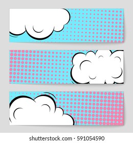 Abstract creative concept vector comic pop art style blank, layout template with clouds beams and isolated dots background. For sale banner, empty speech bubble set, illustration halftone book design