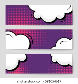 Abstract creative concept vector comic pop art style blank, layout template with clouds beams and isolated dots background. For sale banner, empty speech bubble set, illustration halftone book design