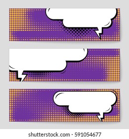 Abstract creative concept vector comic pop art style blank, layout template with clouds beams and isolated dots background. For sale banner, empty speech bubble set, illustration halftone book design