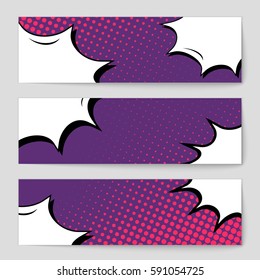 Abstract creative concept vector comic pop art style blank, layout template with clouds beams and isolated dots background. For sale banner, empty speech bubble set, illustration halftone book design