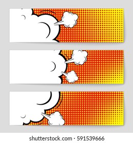 Abstract creative concept vector comic pop art style blank, layout template with clouds beams and isolated dots background. For sale banner, empty speech bubble set, illustration halftone book design