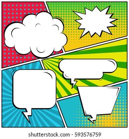 Abstract creative concept vector comic pop art style blank, layout template with clouds beams and isolated dots background. For sale banner, empty speech bubble set, illustration halftone book design