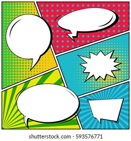 Abstract creative concept vector comic pop art style blank, layout template with clouds beams and isolated dots background. For sale banner, empty speech bubble set, illustration halftone book design