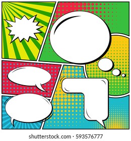 Abstract creative concept vector comic pop art style blank, layout template with clouds beams and isolated dots background. For sale banner, empty speech bubble set, illustration halftone book design