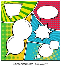 Abstract creative concept vector comic pop art style blank, layout template with clouds beams and isolated dots background. For sale banner, empty speech bubble set, illustration halftone book design