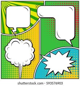 Abstract creative concept vector comic pop art style blank, layout template with clouds beams and isolated dots background. For sale banner, empty speech bubble set, illustration halftone book design