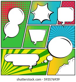 Abstract creative concept vector comic pop art style blank, layout template with clouds beams and isolated dots background. For sale banner, empty speech bubble set, illustration halftone book design