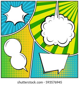 Abstract creative concept vector comic pop art style blank, layout template with clouds beams and isolated dots background. For sale banner, empty speech bubble set, illustration halftone book design
