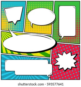 Abstract creative concept vector comic pop art style blank, layout template with clouds beams and isolated dots background. For sale banner, empty speech bubble set, illustration halftone book design