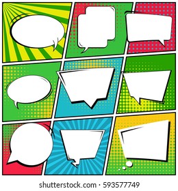 Abstract creative concept vector comic pop art style blank, layout template with clouds beams and isolated dots background. For sale banner, empty speech bubble set, illustration halftone book design