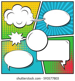 Abstract creative concept vector comic pop art style blank, layout template with clouds beams and isolated dots background. For sale banner, empty speech bubble set, illustration halftone book design