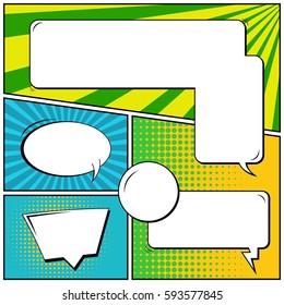 Abstract creative concept vector comic pop art style blank, layout template with clouds beams and isolated dots background. For sale banner, empty speech bubble set, illustration halftone book design