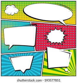 Abstract creative concept vector comic pop art style blank, layout template with clouds beams and isolated dots background. For sale banner, empty speech bubble set, illustration halftone book design