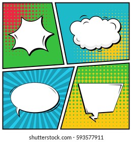 Abstract creative concept vector comic pop art style blank, layout template with clouds beams and isolated dots background. For sale banner, empty speech bubble set, illustration halftone book design