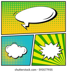 Abstract creative concept vector comic pop art style blank, layout template with clouds beams and isolated dots background. For sale banner, empty speech bubble set, illustration halftone book design