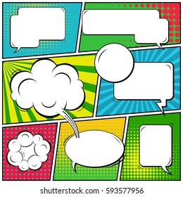 Abstract creative concept vector comic pop art style blank, layout template with clouds beams and isolated dots background. For sale banner, empty speech bubble set, illustration halftone book design