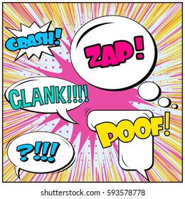 Abstract creative concept vector comic pop art style blank, layout template with clouds beams and isolated dots background. For sale banner, empty speech bubble set, illustration halftone book design