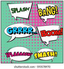 Abstract creative concept vector comic pop art style blank, layout template with clouds beams and isolated dots background. For sale banner, empty speech bubble set, illustration halftone book design