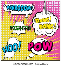 Abstract creative concept vector comic pop art style blank, layout template with clouds beams and isolated dots background. For sale banner, empty speech bubble set, illustration halftone book design