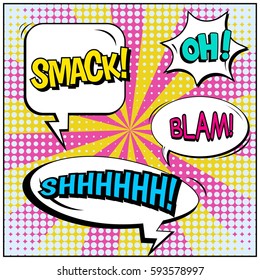 Abstract creative concept vector comic pop art style blank, layout template with clouds beams and isolated dots background. For sale banner, empty speech bubble set, illustration halftone book design
