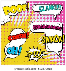 Abstract creative concept vector comic pop art style blank, layout template with clouds beams and isolated dots background. For sale banner, empty speech bubble set, illustration halftone book design