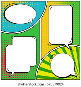 Abstract creative concept vector comic pop art style blank, layout template with clouds beams and isolated dots background. For sale banner, empty speech bubble set, illustration halftone book design