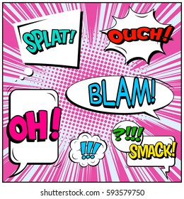 Abstract creative concept vector comic pop art style blank, layout template with clouds beams and isolated dots background. For sale banner, empty speech bubble set, illustration halftone book design