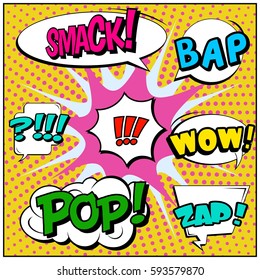 Abstract creative concept vector comic pop art style blank, layout template with clouds beams and isolated dots background. For sale banner, empty speech bubble set, illustration halftone book design