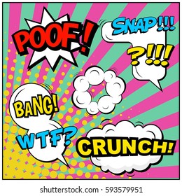 Abstract creative concept vector comic pop art style blank, layout template with clouds beams and isolated dots background. For sale banner, empty speech bubble set, illustration halftone book design