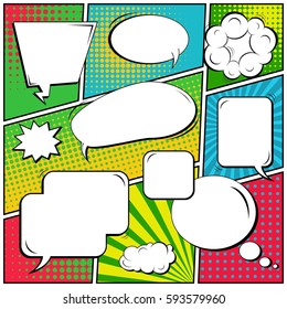 Abstract creative concept vector comic pop art style blank, layout template with clouds beams and isolated dots background. For sale banner, empty speech bubble set, illustration halftone book design