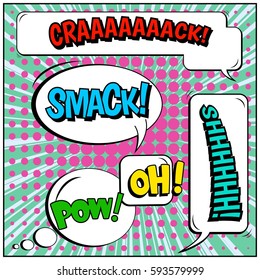 Abstract creative concept vector comic pop art style blank, layout template with clouds beams and isolated dots background. For sale banner, empty speech bubble set, illustration halftone book design