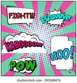Abstract creative concept vector comic pop art style blank, layout template with clouds beams and isolated dots background. For sale banner, empty speech bubble set, illustration halftone book design