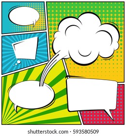 Abstract creative concept vector comic pop art style blank, layout template with clouds beams and isolated dots background. For sale banner, empty speech bubble set, illustration halftone book design