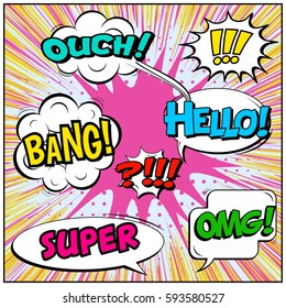 Abstract creative concept vector comic pop art style blank, layout template with clouds beams and isolated dots background. For sale banner, empty speech bubble set, illustration halftone book design