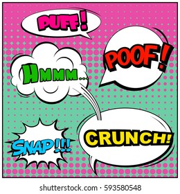 Abstract creative concept vector comic pop art style blank, layout template with clouds beams and isolated dots background. For sale banner, empty speech bubble set, illustration halftone book design