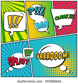 Abstract creative concept vector comic pop art style blank, layout template with clouds beams and isolated dots background. For sale banner, empty speech bubble set, illustration halftone book design