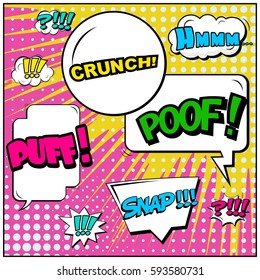 Abstract creative concept vector comic pop art style blank, layout template with clouds beams and isolated dots background. For sale banner, empty speech bubble set, illustration halftone book design